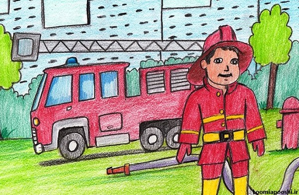 عکس نقاشی ماشین آتش نشانی کودکانه